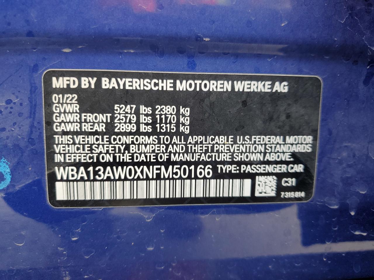 2022 BMW M440XI GRAN COUPE VIN:WBA13AW0XNFM50166