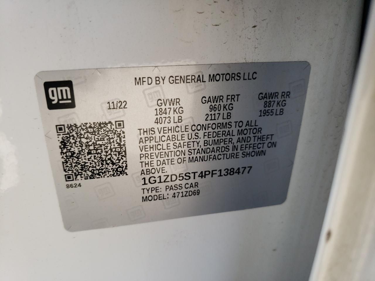 2023 CHEVROLET MALIBU LT VIN:1G1ZD5ST4PF138477