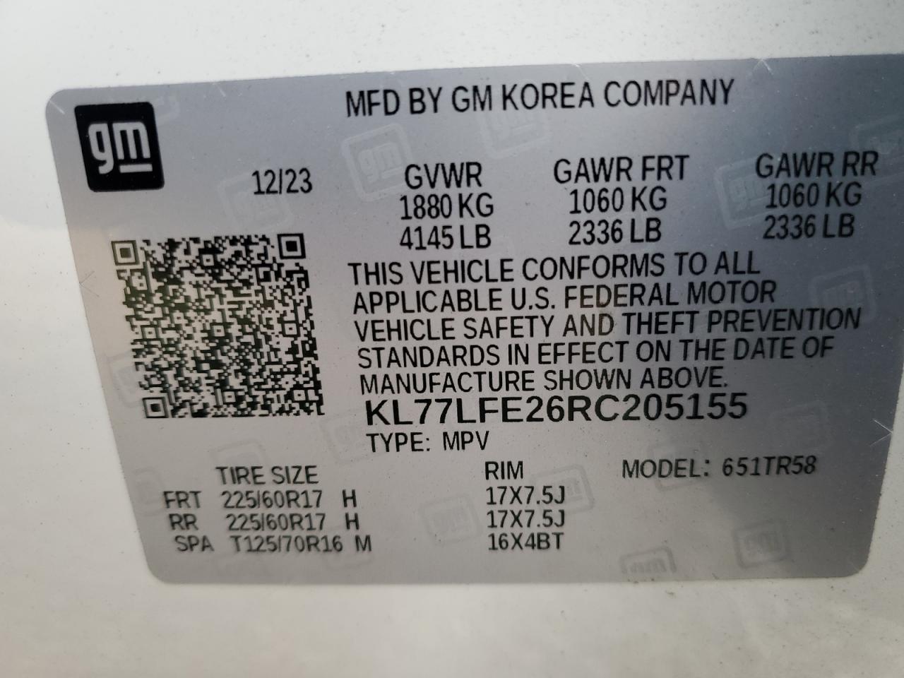 2024 CHEVROLET TRAX LS VIN:KL77LFE26RC205155