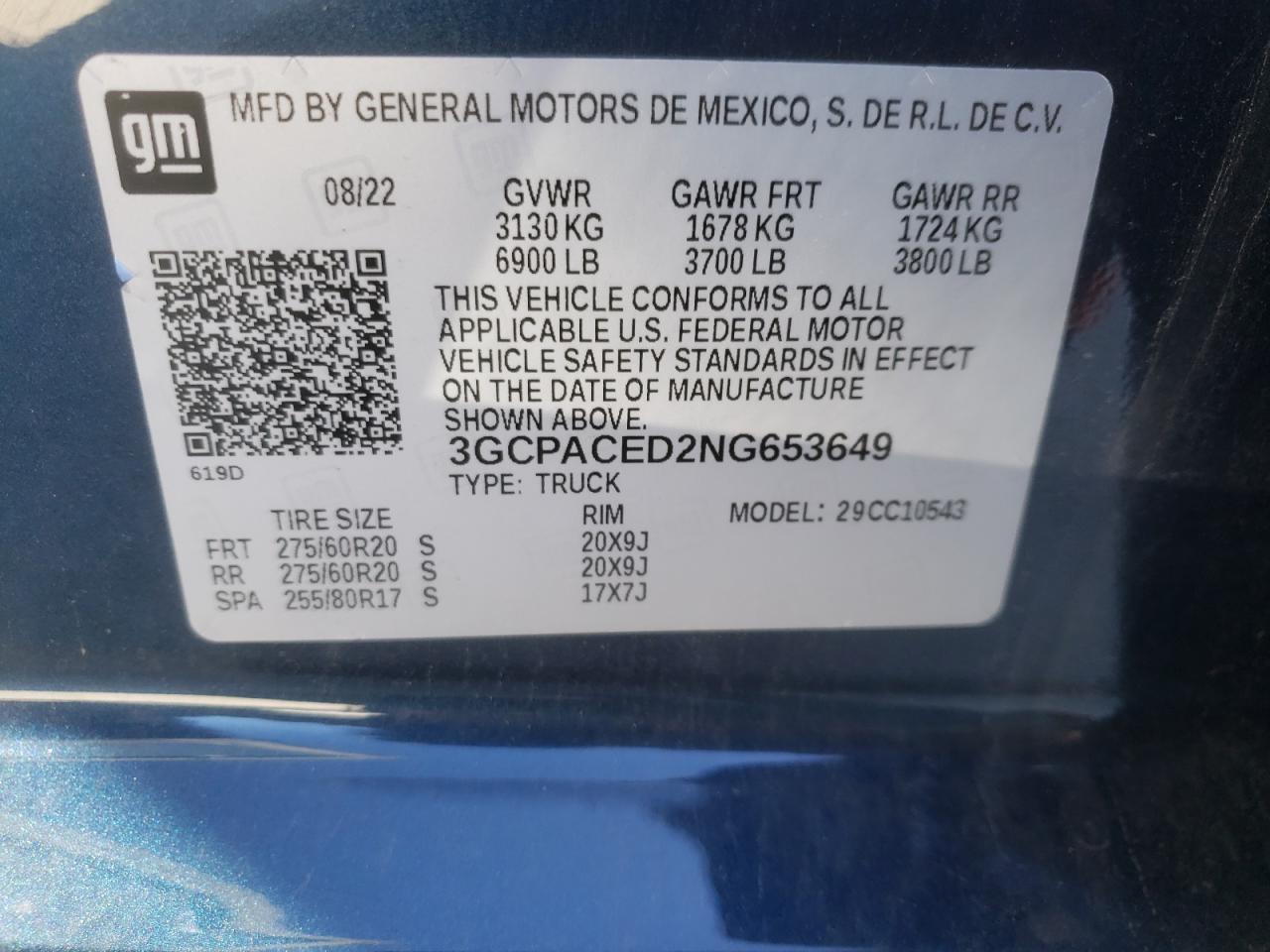 2022 CHEVROLET SILVERADO C1500 LT VIN:3GCPACED2NG653649