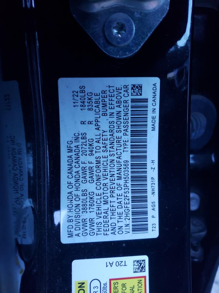 2023 HONDA CIVIC SPORT VIN:2HGFE2F53PH503569