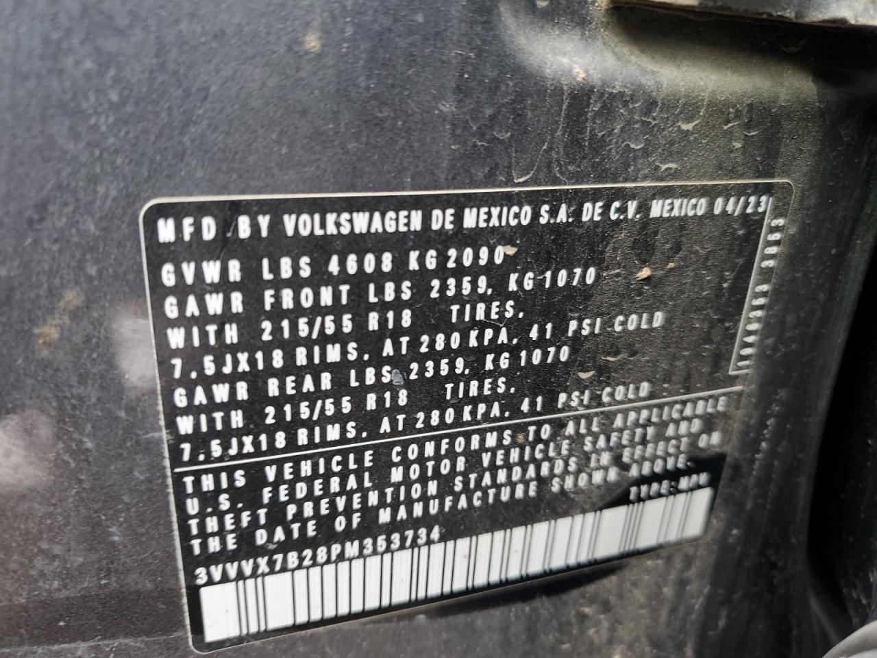 2023 VOLKSWAGEN TAOS SE VIN:3VVVX7B28PM353734