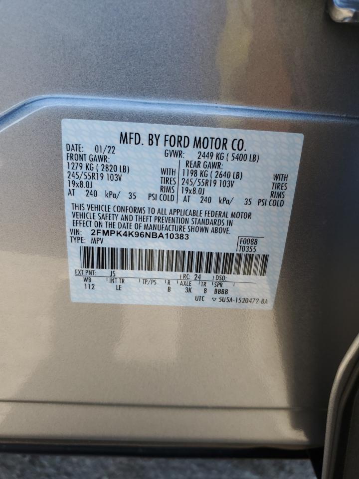 2022 FORD EDGE TITANIUM VIN:2FMPK4K96NBA10383