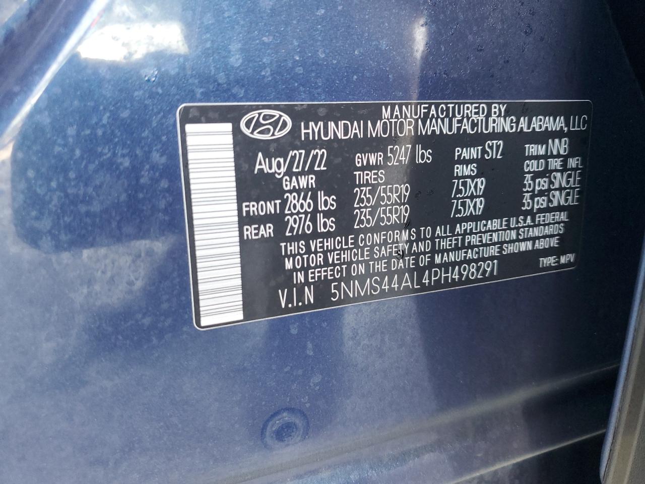 2023 HYUNDAI SANTA FE LIMITED VIN:5NMS44AL4PH498291