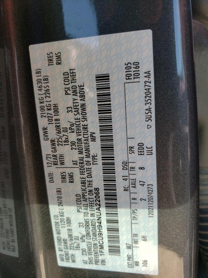 2022 FORD ESCAPE SEL VIN:1FMCU9H94NUA22068