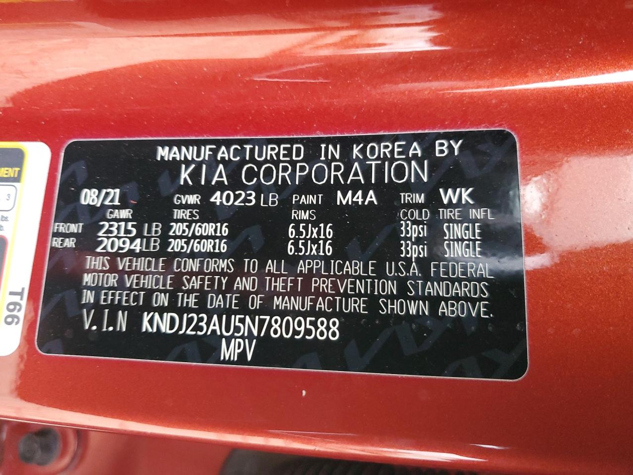 2022 KIA SOUL LX VIN:KNDJ23AU5N7809588