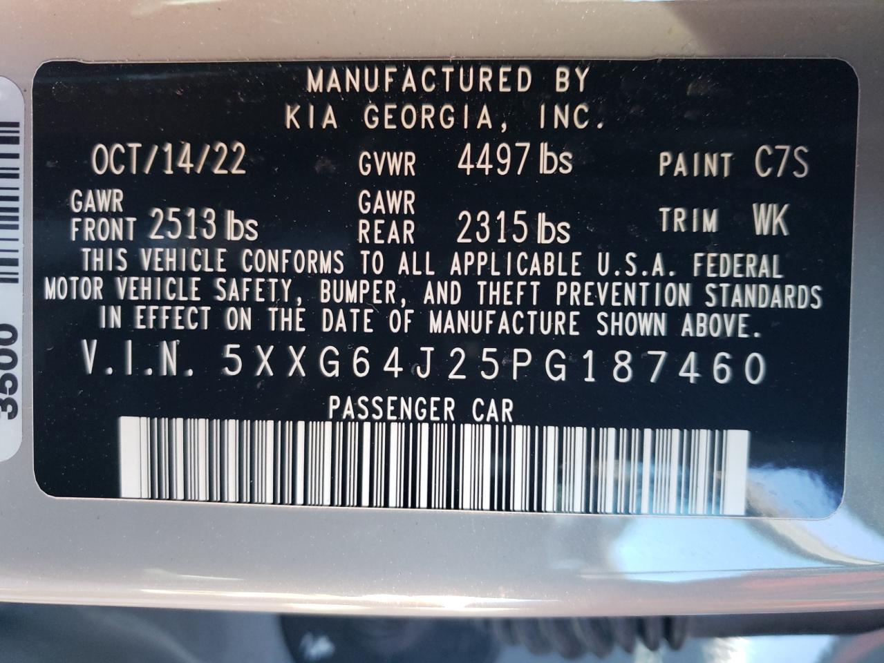 2023 KIA K5 GT LINE VIN:5XXG64J25PG187460