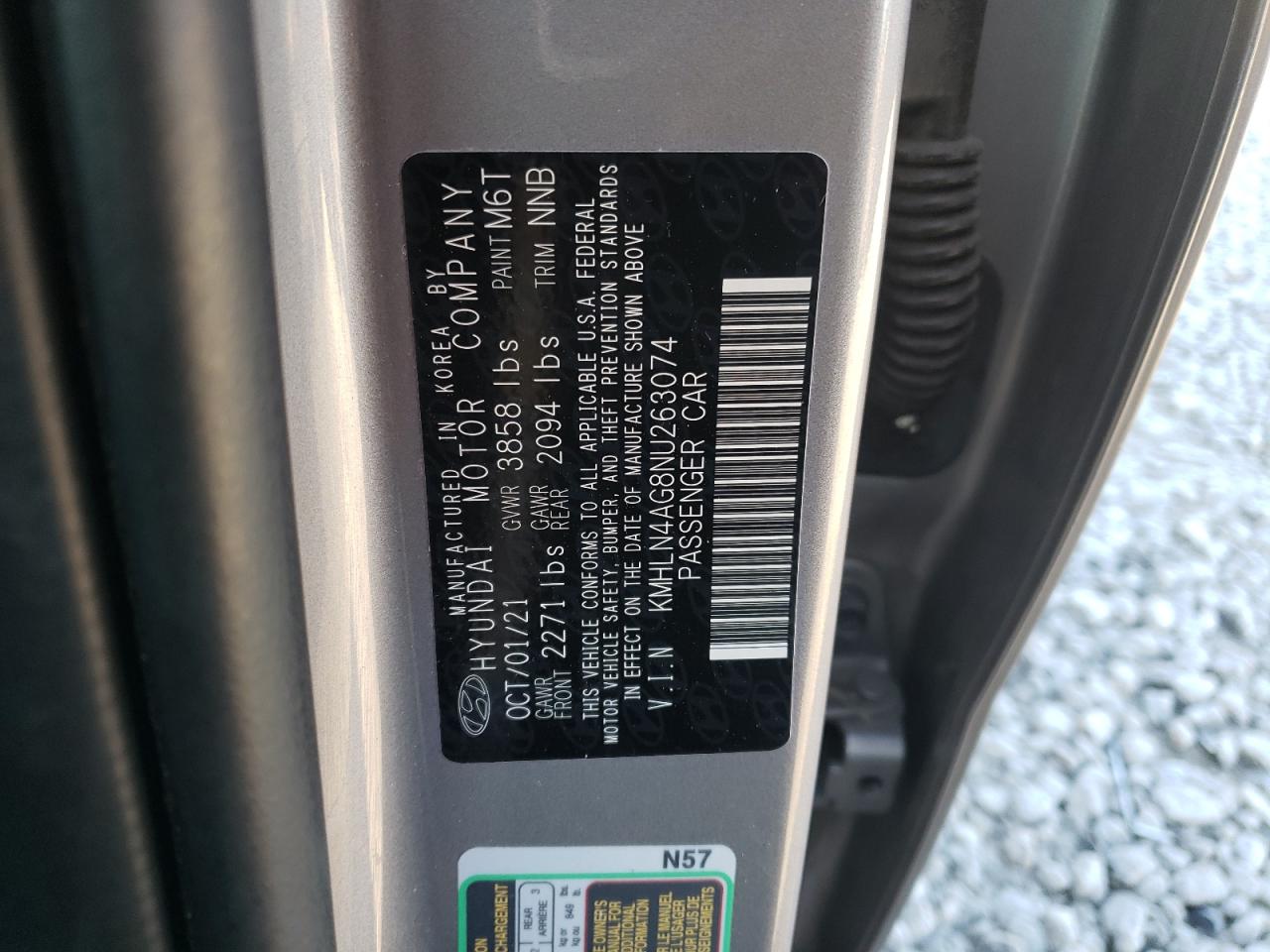 2022 HYUNDAI ELANTRA SEL VIN:KMHLN4AG8NU263074