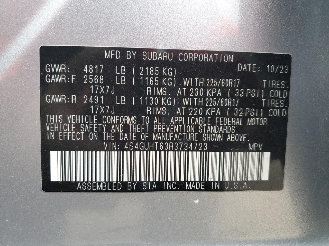 2024 SUBARU CROSSTREK WILDERNESS VIN:4S4GUHT63R3734723