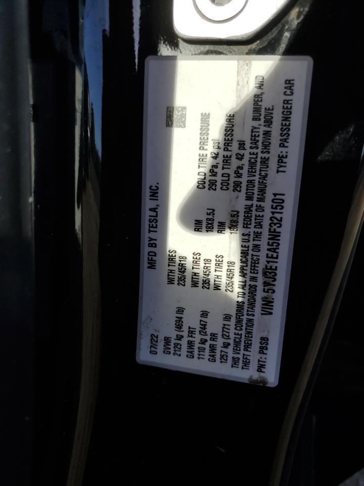 2022 TESLA MODEL 3  VIN:5YJ3E1EA5NF321501