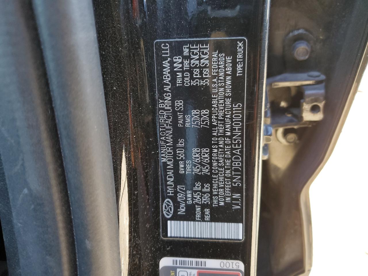 2022 HYUNDAI SANTA CRUZ SEL VIN:5NTJBDAE5NH010115