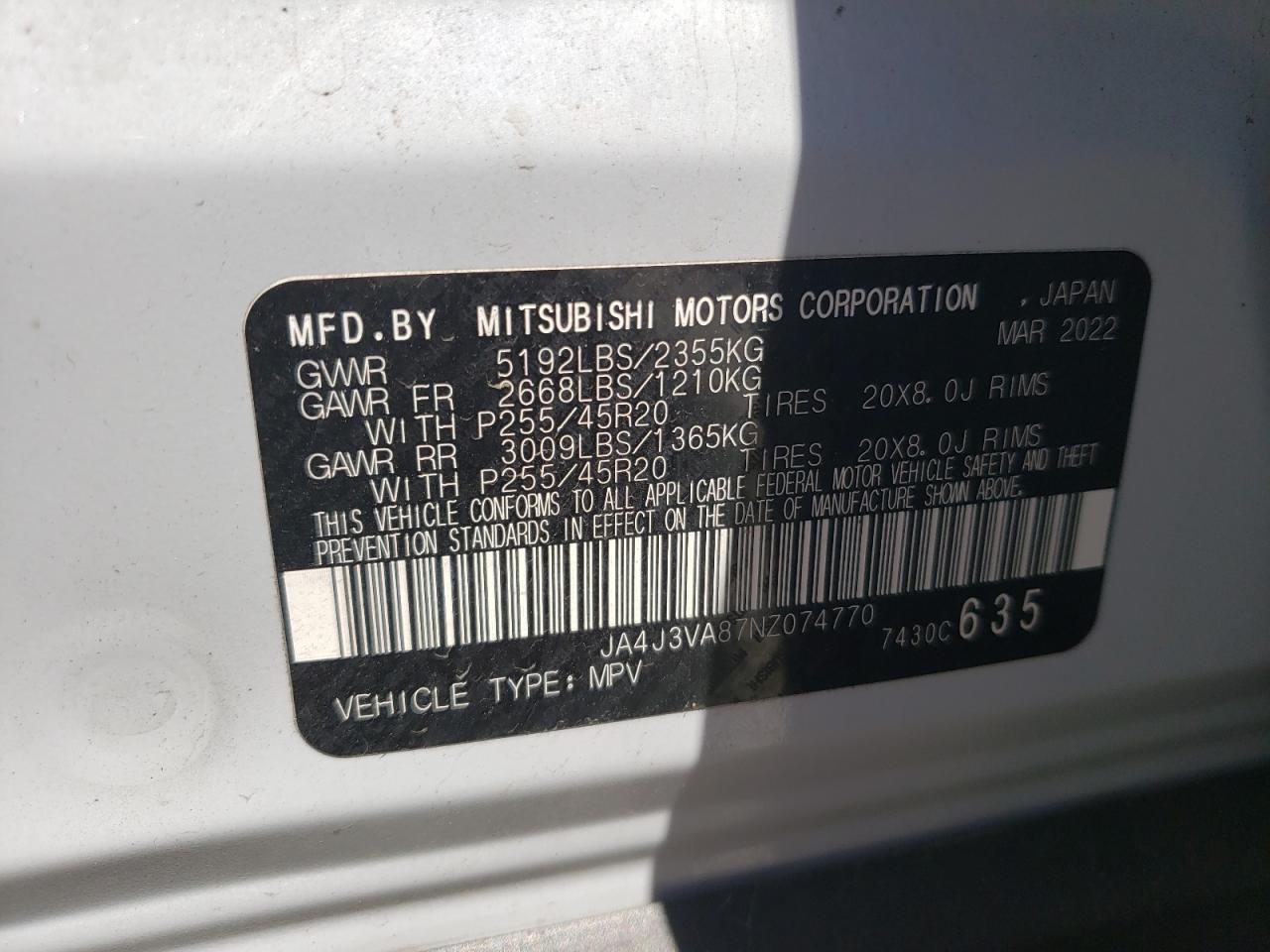 2022 MITSUBISHI OUTLANDER SEL VIN:JA4J3VA87NZ074770