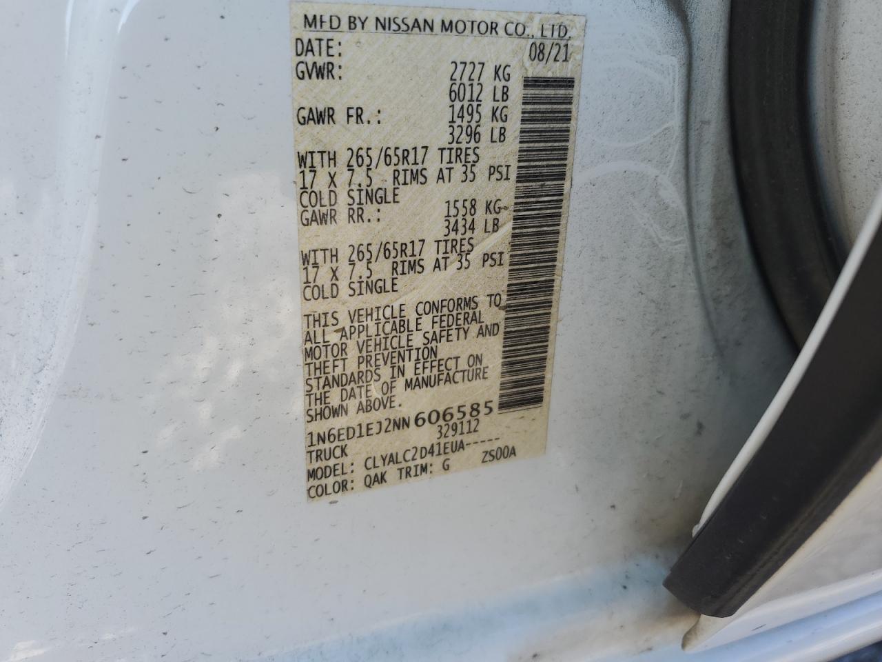 2022 NISSAN FRONTIER S VIN:1N6ED1EJ2NN606585