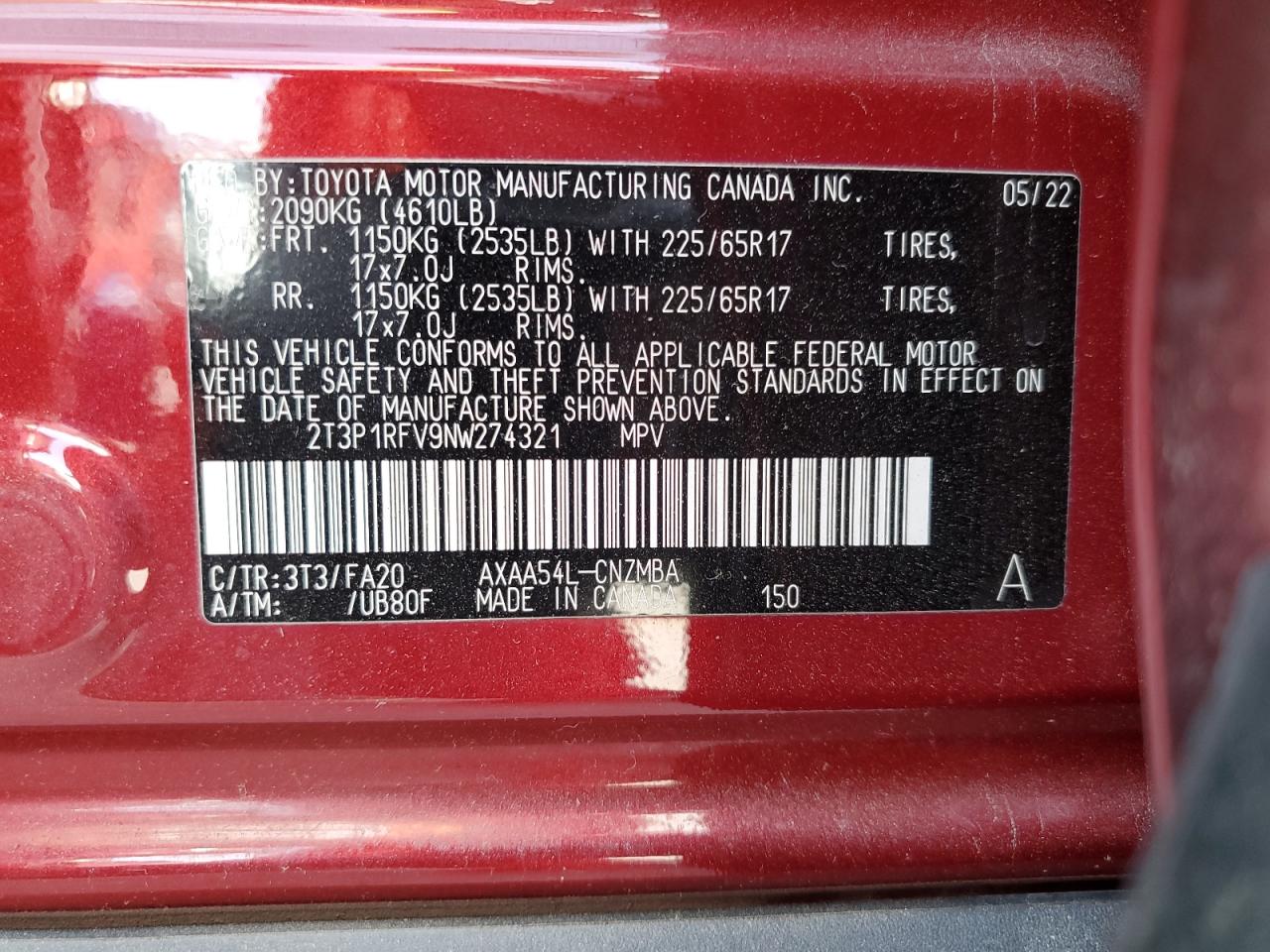 2022 TOYOTA RAV4 XLE VIN:2T3P1RFV9NW274321