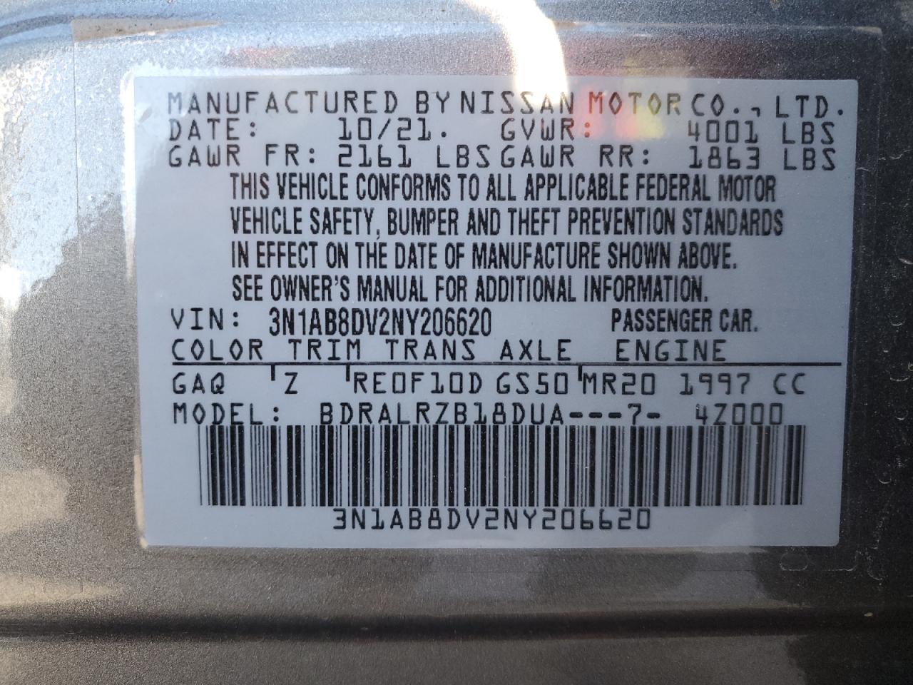 2022 NISSAN SENTRA SR VIN:3N1AB8DV2NY206620