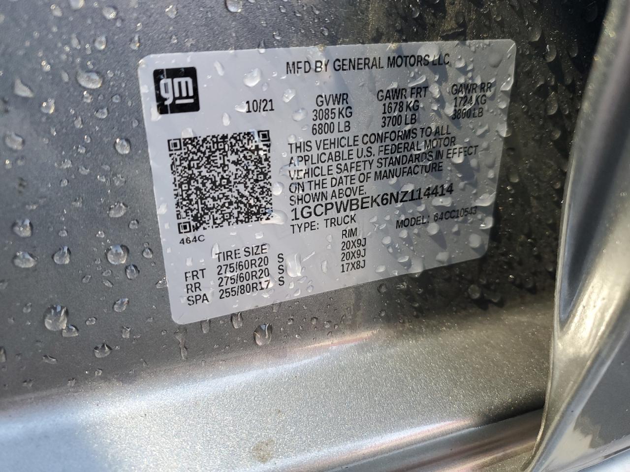 2022 CHEVROLET SILVERADO LTD C1500 CUSTOM VIN:1GCPWBEK6NZ114414