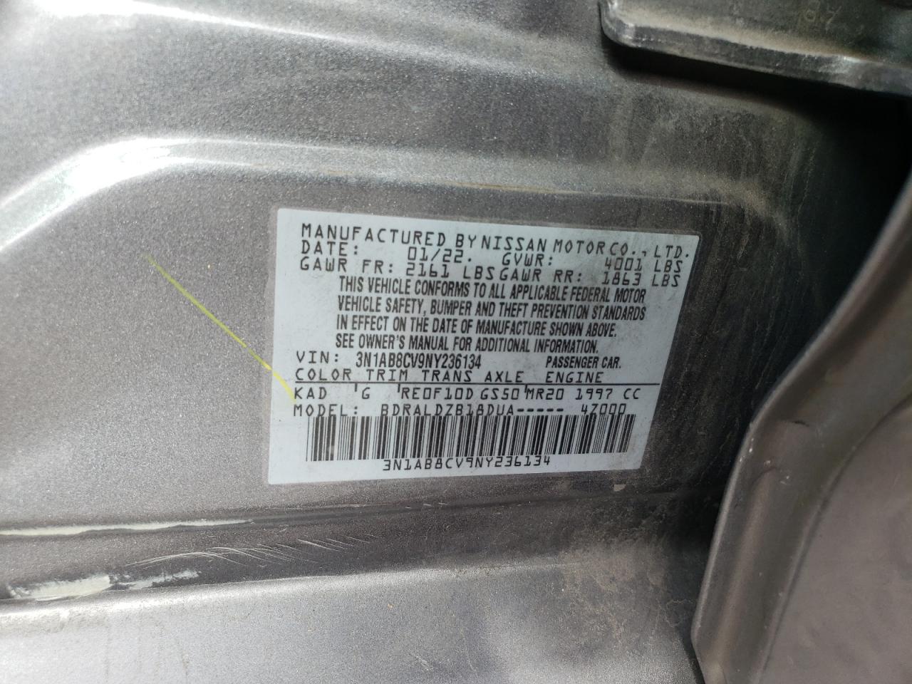 2022 NISSAN SENTRA SV VIN:3N1AB8CV9NY236134