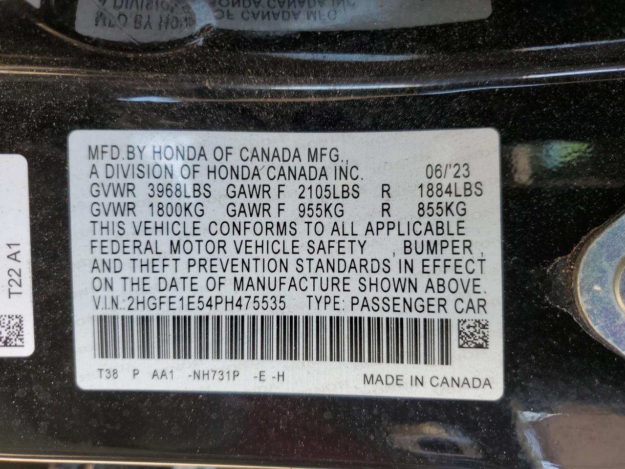 2023 HONDA CIVIC SI VIN:2HGFE1E54PH475535