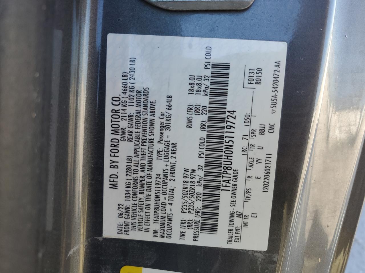 2022 FORD MUSTANG  VIN:1FATP8UH0N5119724