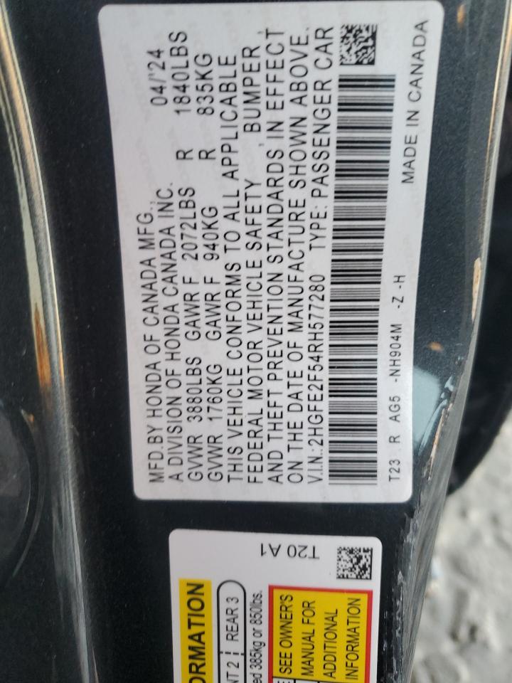 2024 HONDA CIVIC SPORT VIN:2HGFE2F54RH577280