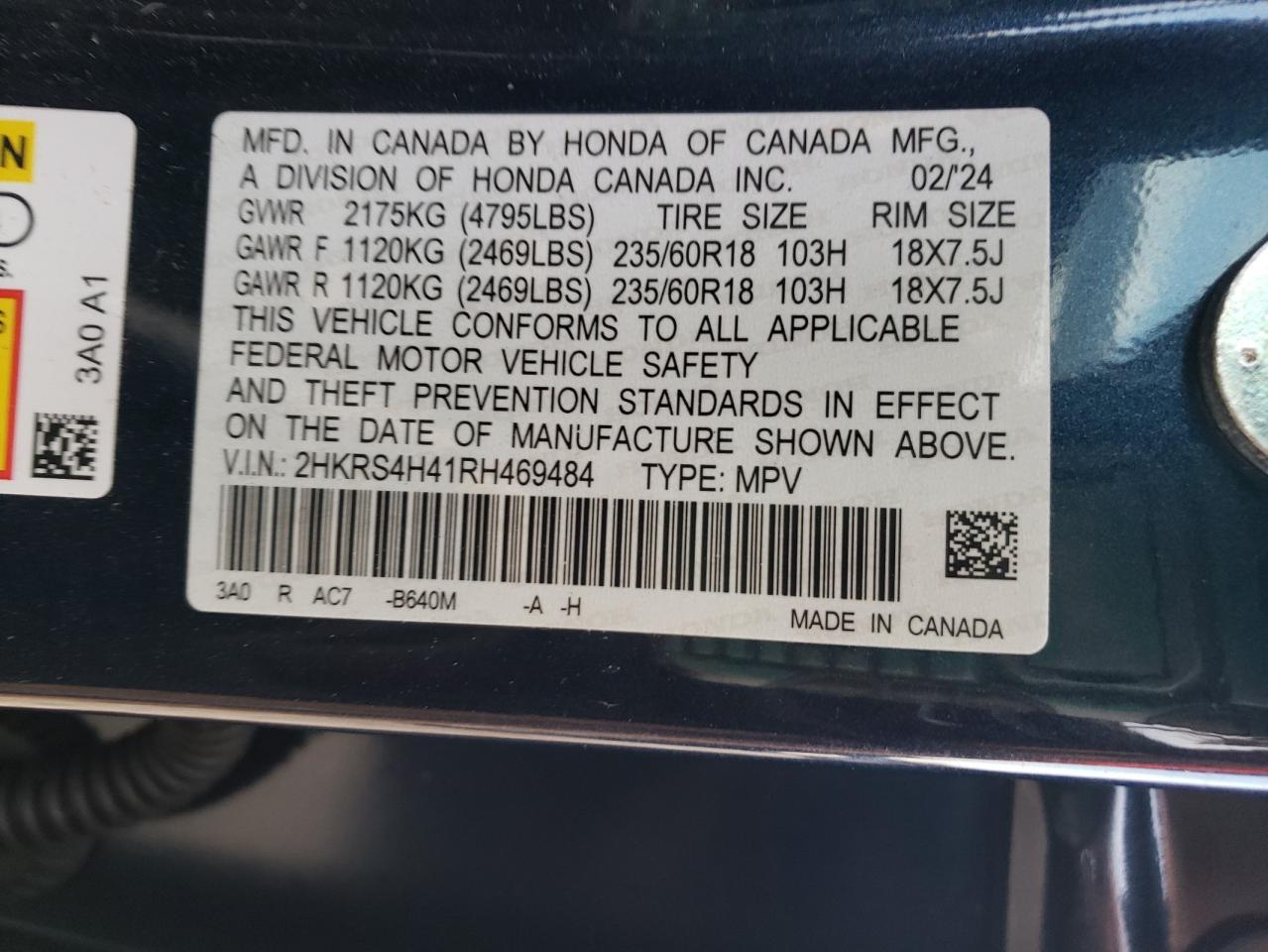 2024 HONDA CR-V EX VIN:2HKRS4H41RH469484