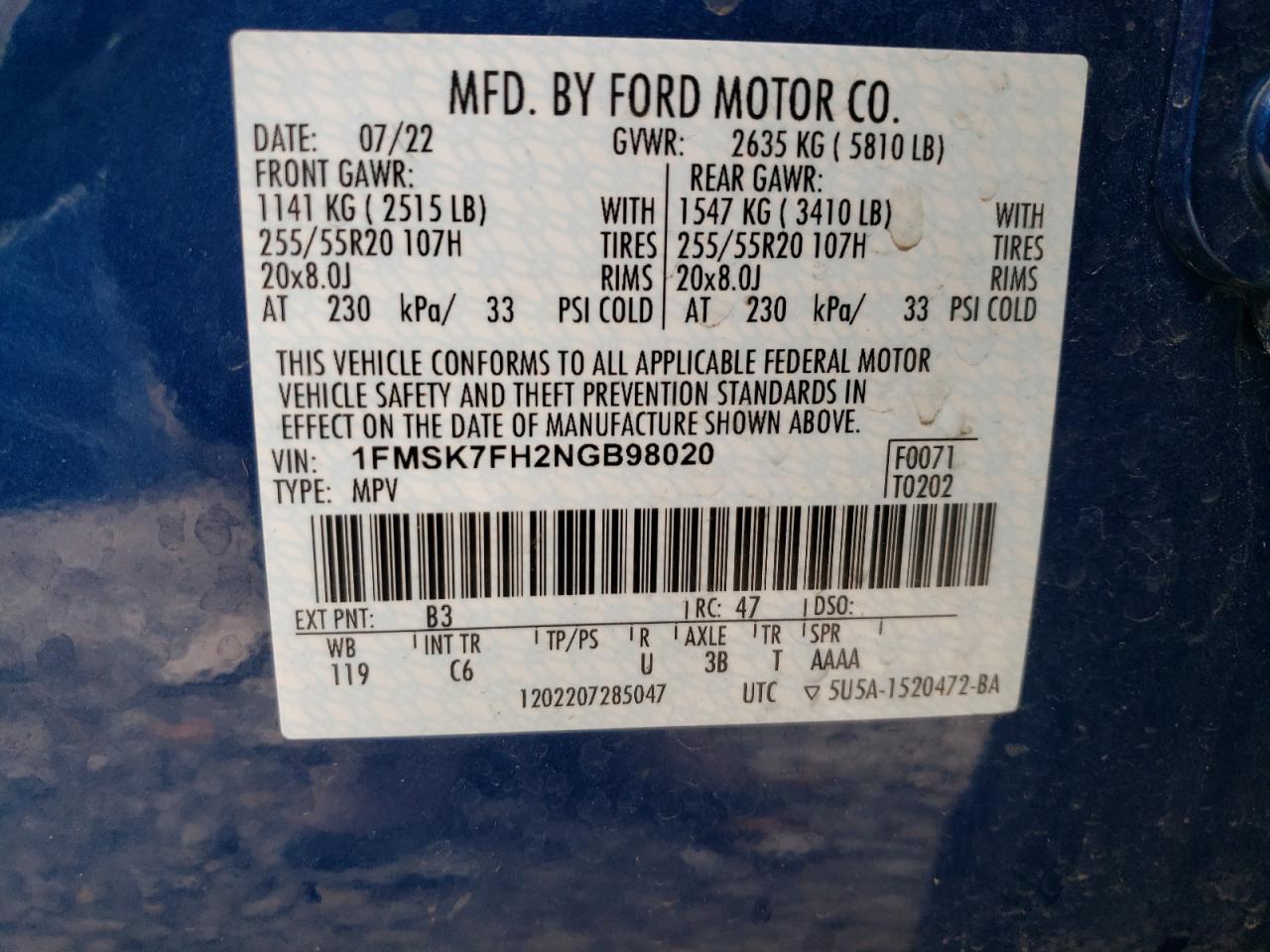 2022 FORD EXPLORER LIMITED VIN:1FMSK7FH2NGB98020