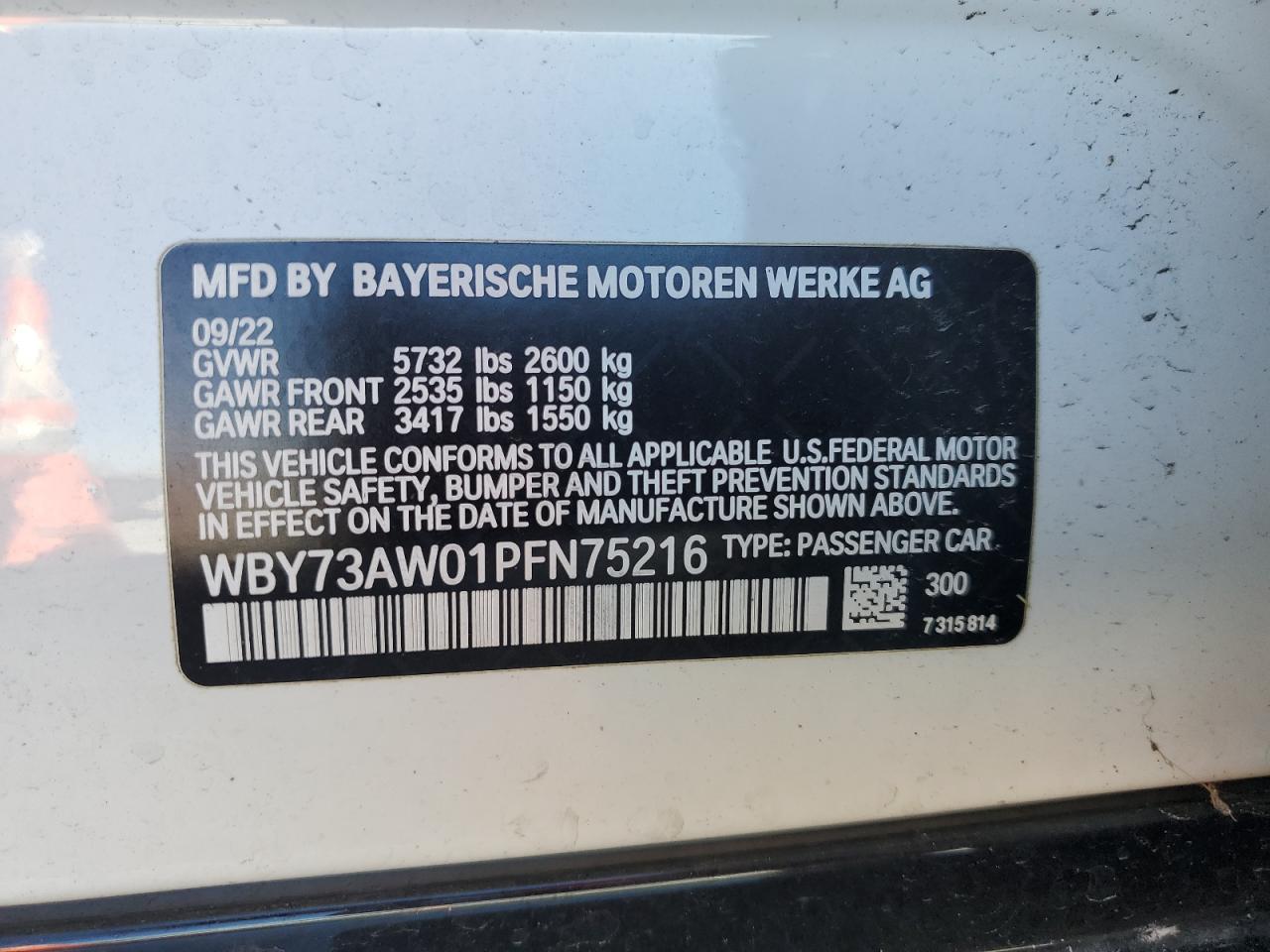 2023 BMW I4 EDRIVE 40 VIN:WBY73AW01PFN75216