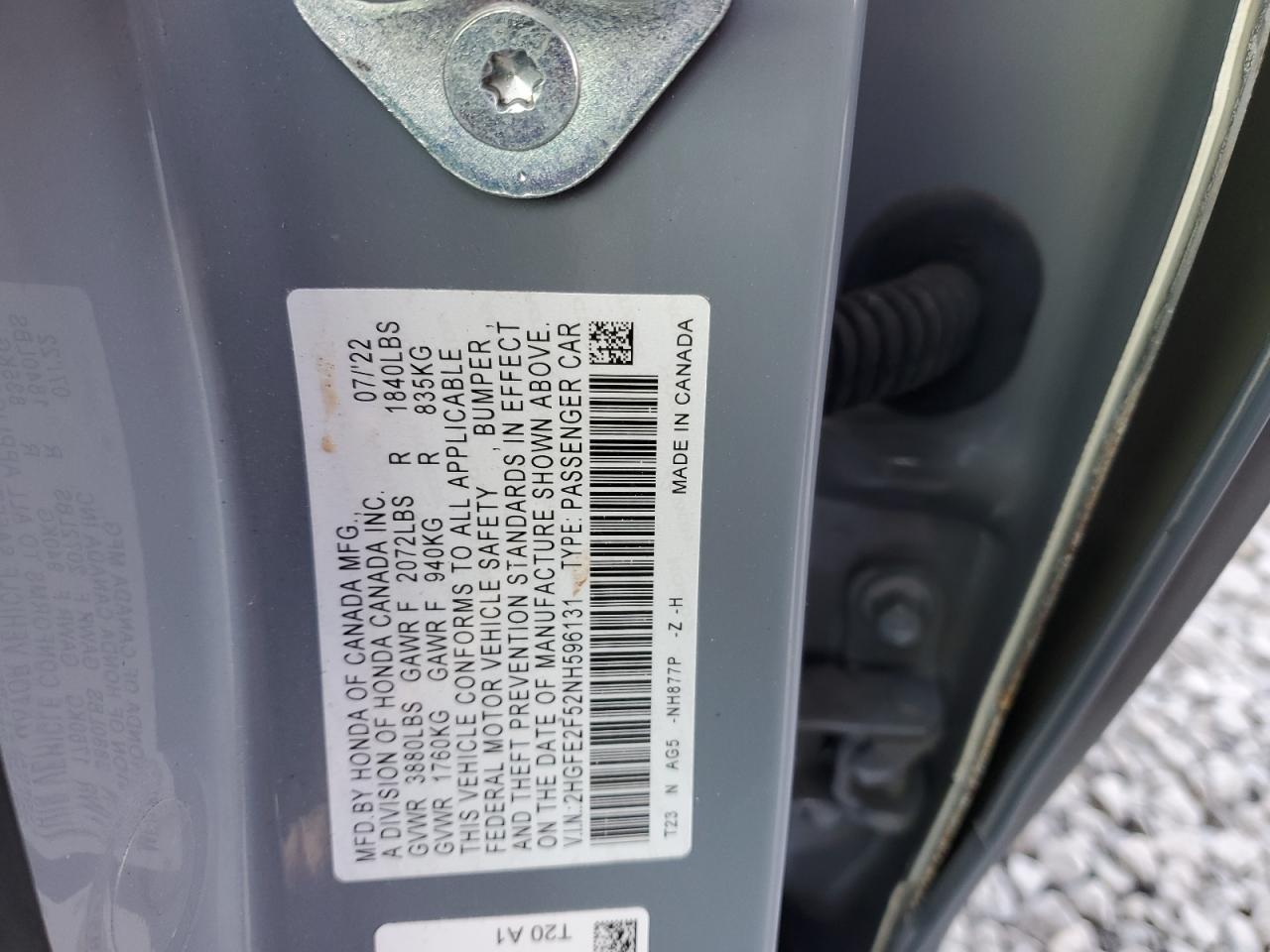 2022 HONDA CIVIC SPORT VIN:2HGFE2F52NH596131