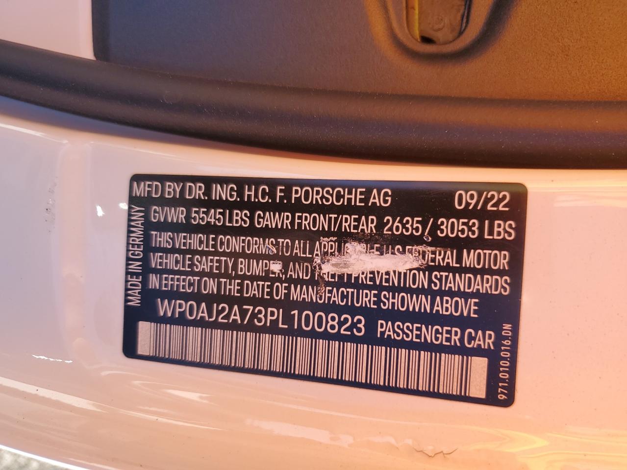 2023 PORSCHE PANAMERA BASE VIN:WP0AJ2A73PL100823