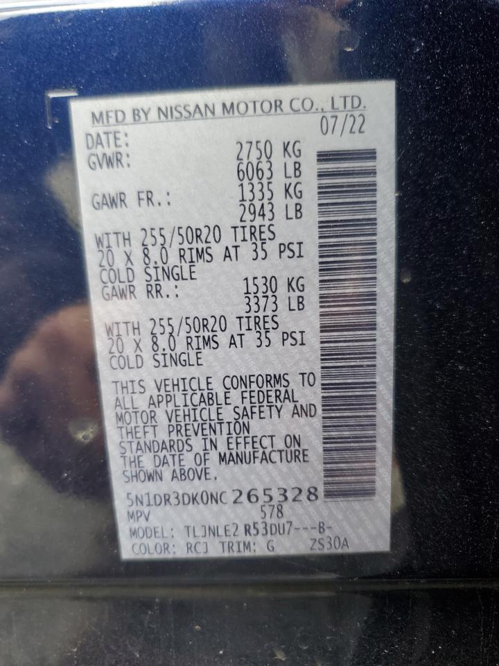 2022 NISSAN PATHFINDER PLATINUM VIN:5N1DR3DK0NC265328