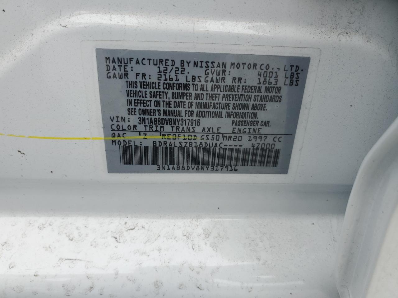2022 NISSAN SENTRA SR VIN:3N1AB8DV8NY317916