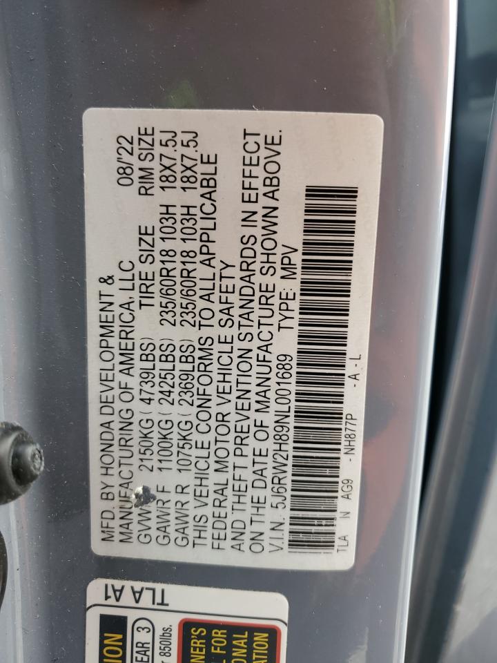 2022 HONDA CR-V EXL VIN:5J6RW2H89NL001689