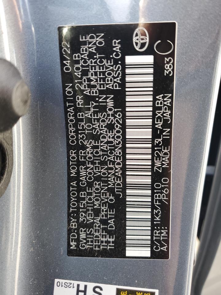 2022 TOYOTA COROLLA LE VIN:JTDEAMDE8N3009261