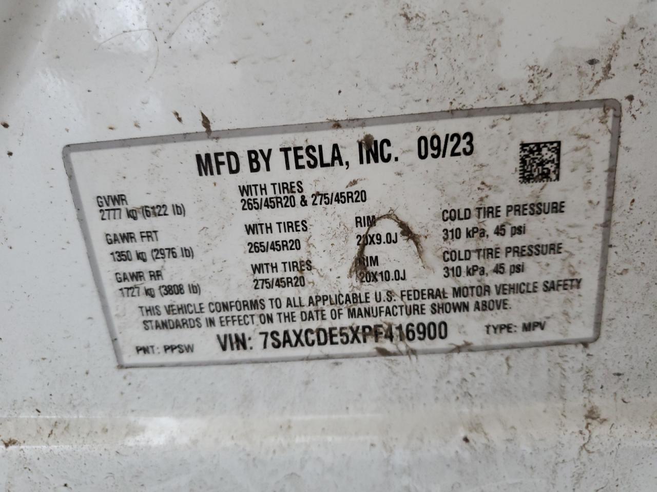 2023 TESLA MODEL X  VIN:7SAXCDE5XPF416900