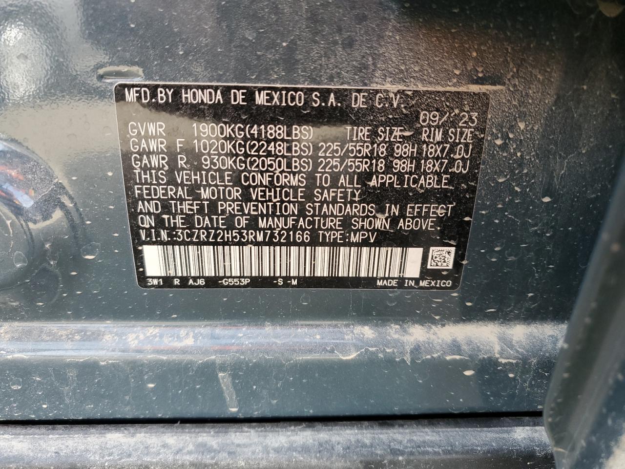 2024 HONDA HR-V SPORT VIN:3CZRZ2H53RM732166