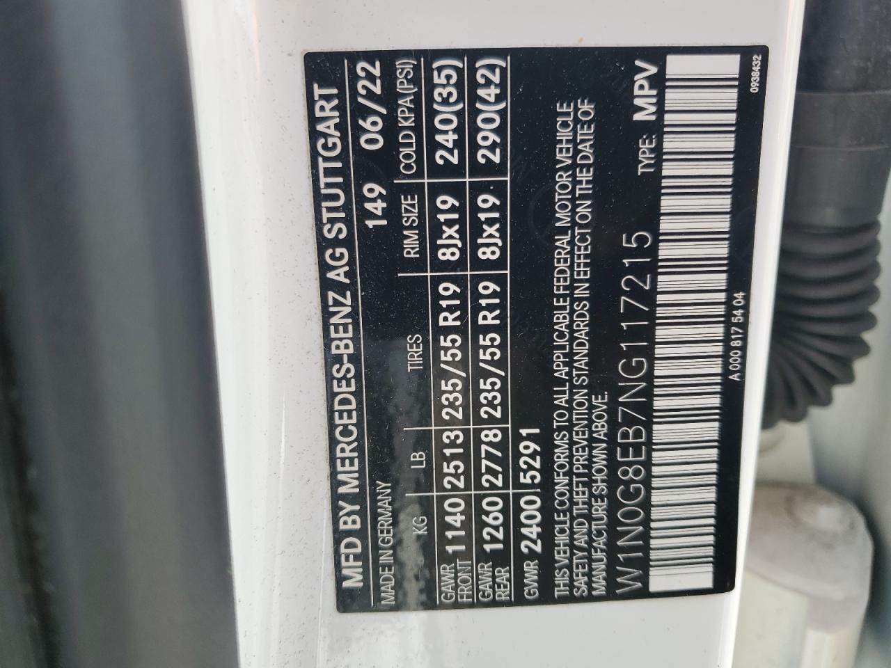 2022 MERCEDES-BENZ GLC 300 4MATIC VIN:W1N0G8EB7NG117215