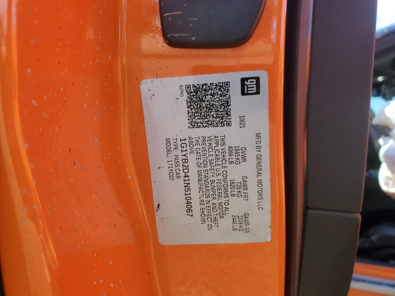 2022 CHEVROLET CORVETTE STINGRAY 2LT VIN:1G1YB2D41N5104067