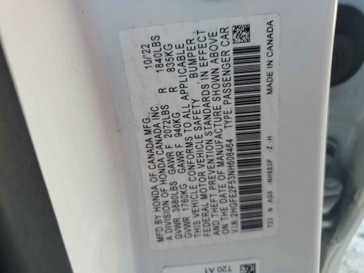 2022 HONDA CIVIC SPORT VIN:2HGFE2F53NH608464