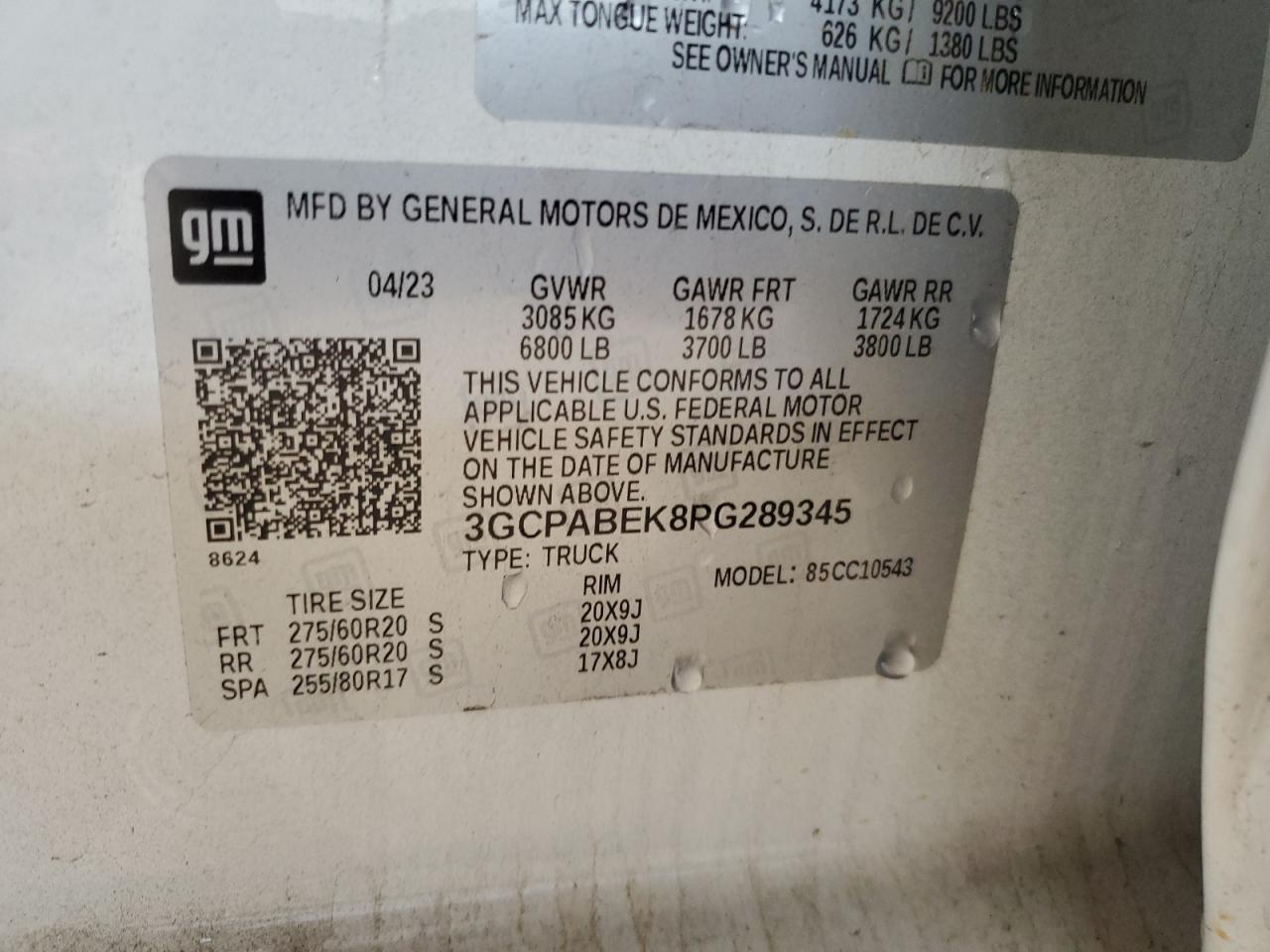 2023 CHEVROLET SILVERADO C1500 CUSTOM VIN:3GCPABEK8PG289345