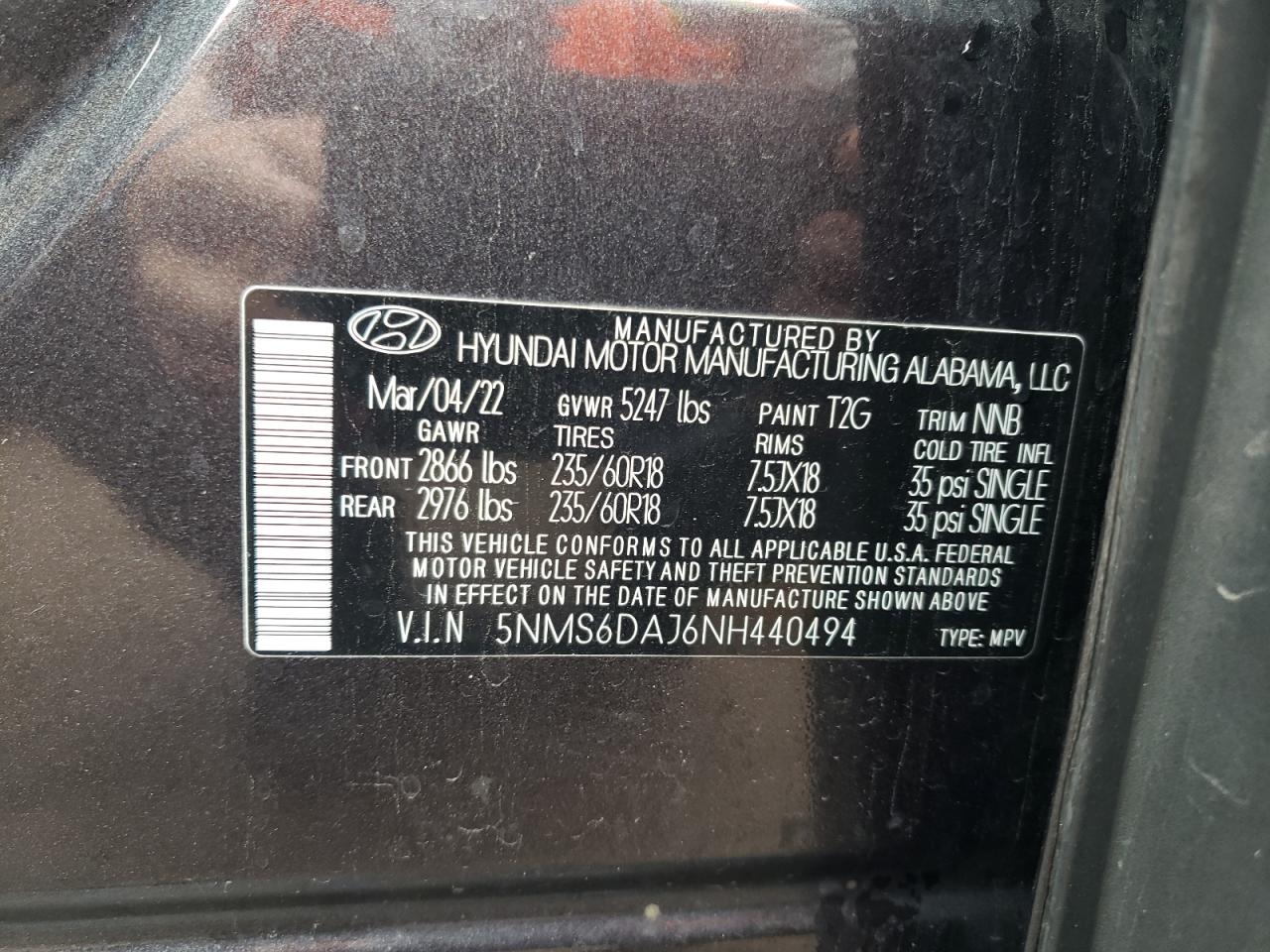 2022 HYUNDAI SANTA FE SEL VIN:5NMS6DAJ6NH440494