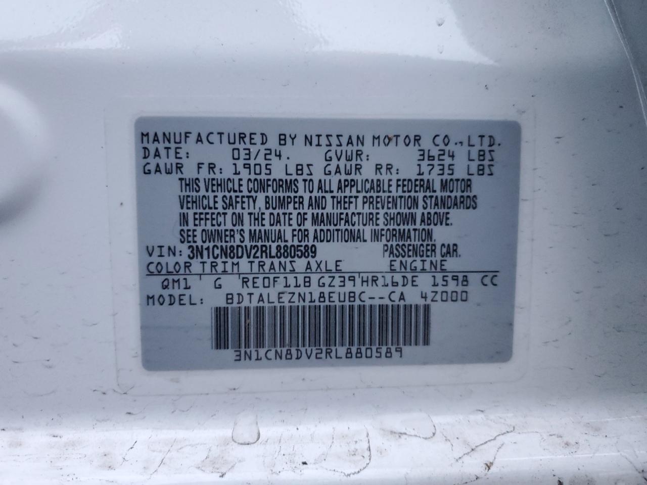 2024 NISSAN VERSA S VIN:3N1CN8DV2RL880589