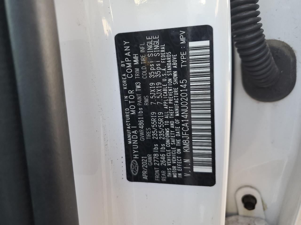 2022 HYUNDAI TUCSON SEL CONVENIENCE VIN:KM8JFCA14NU020145