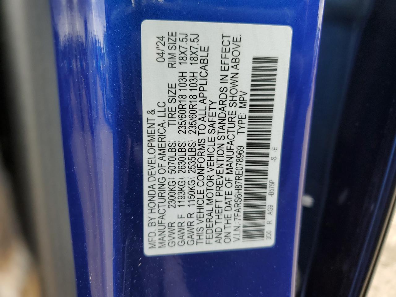 2024 HONDA CR-V SPORT-L VIN:7FARS6H87RE078969