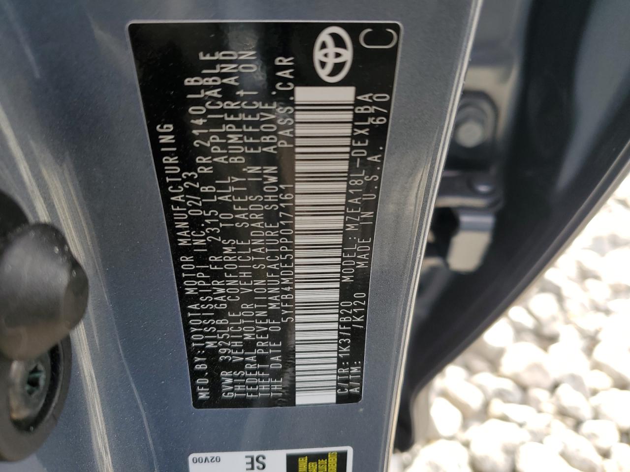 2023 TOYOTA COROLLA LE VIN:5YFB4MDE5PP017161