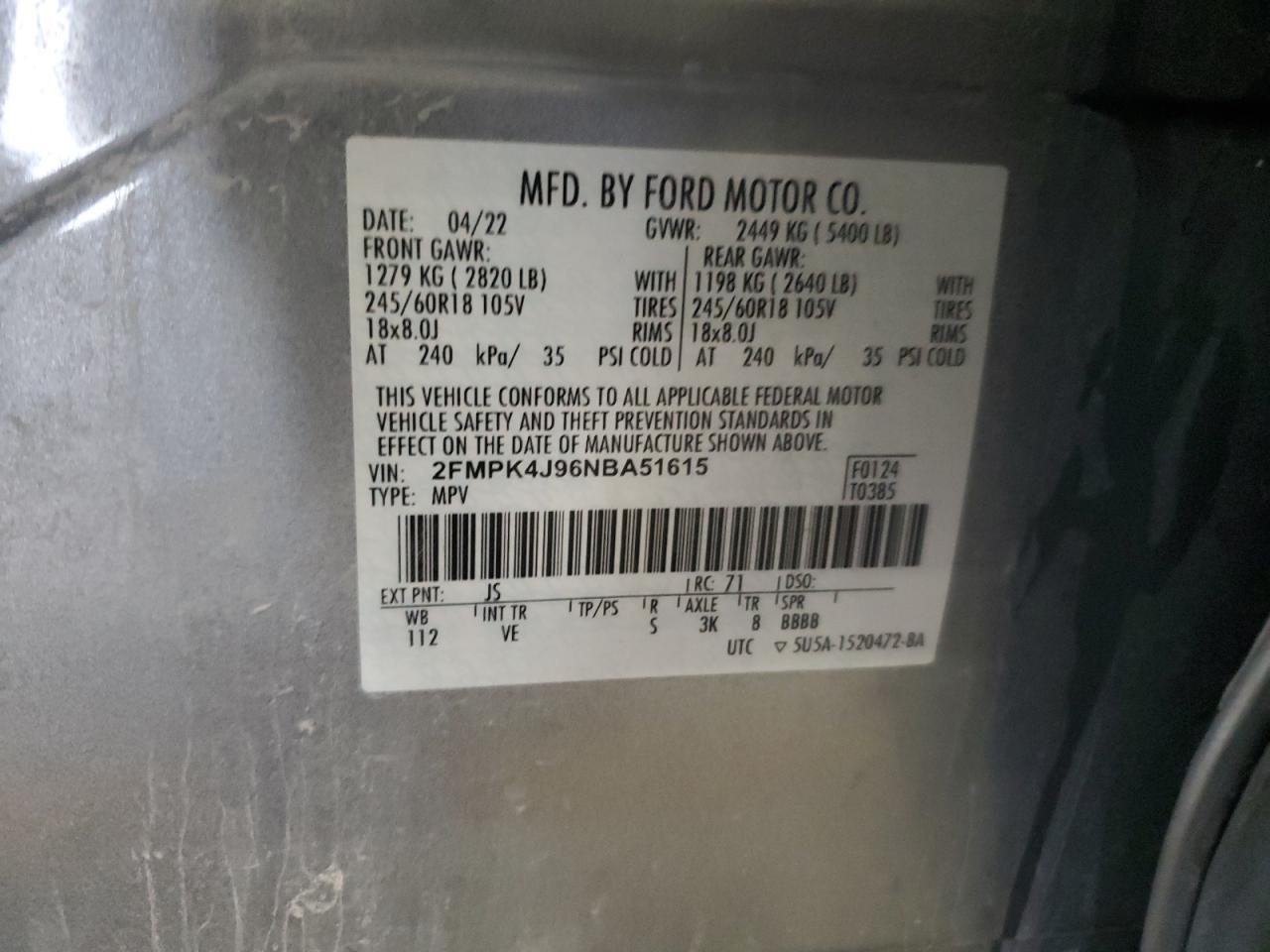 2022 FORD EDGE SEL VIN:2FMPK4J96NBA51615