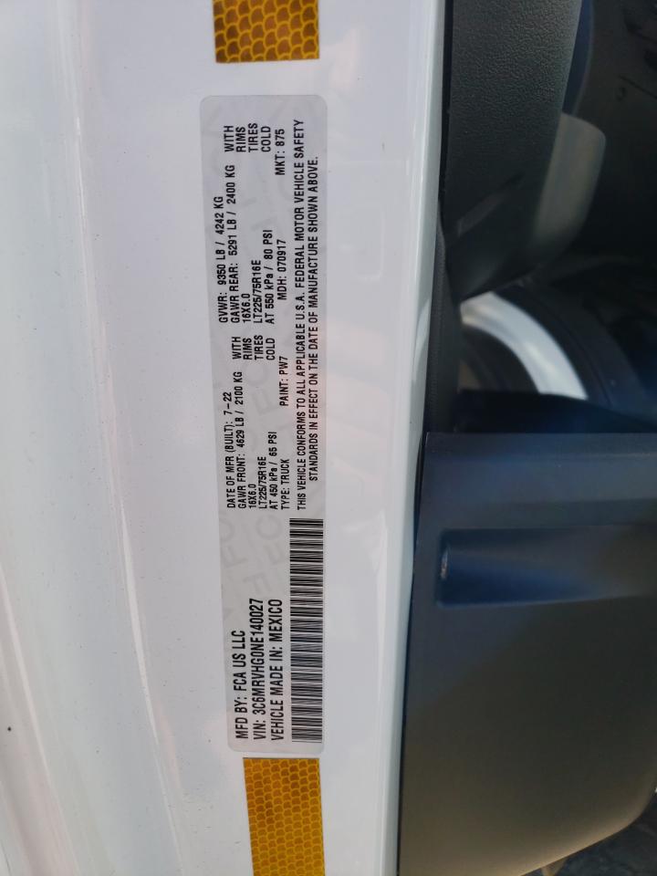 2022 RAM PROMASTER 3500 3500 HIGH VIN:3C6MRVHG0NE140027