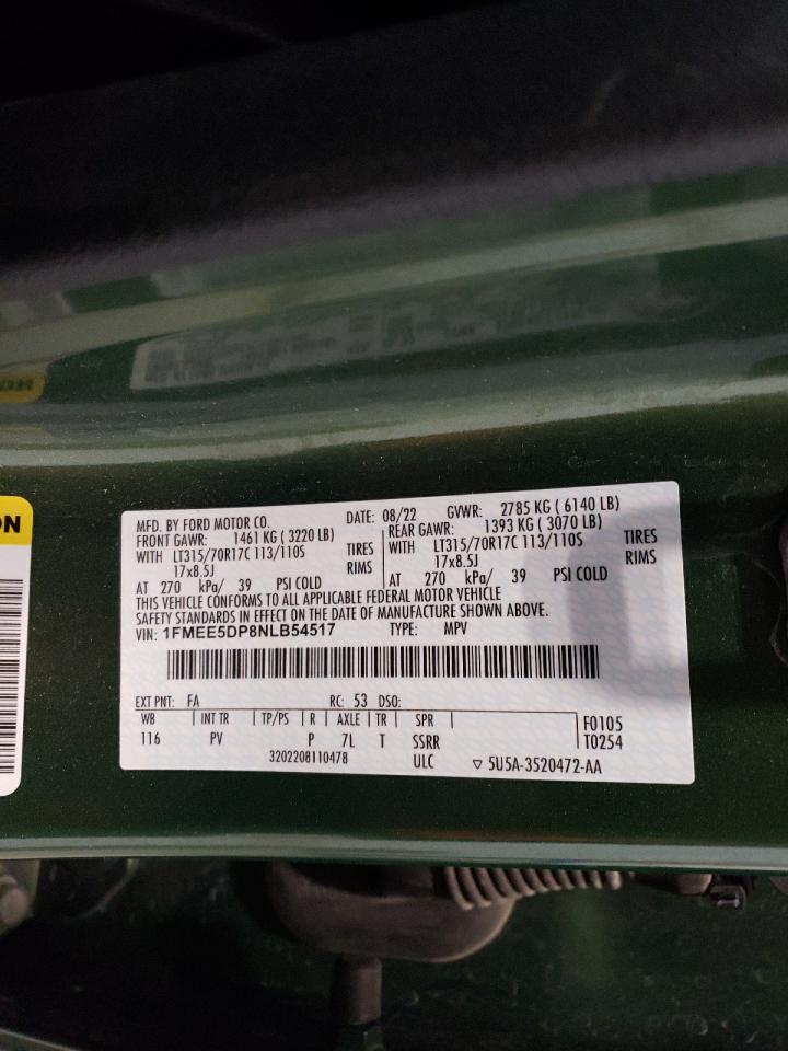 2022 FORD BRONCO BASE VIN:1FMEE5DP8NLB54517