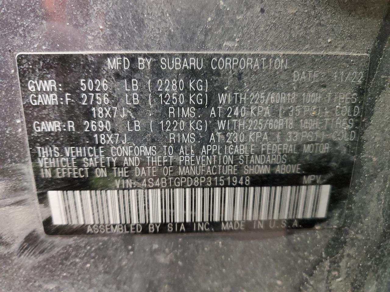 2023 SUBARU OUTBACK TOURING VIN:4S4BTGPD8P3151948