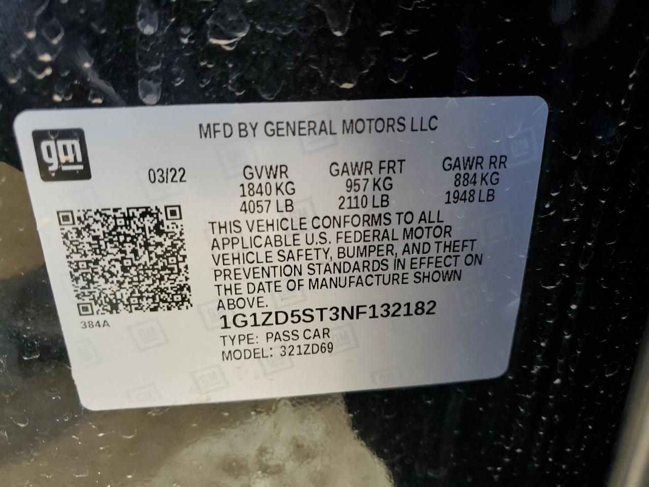 2022 CHEVROLET MALIBU LT VIN:1G1ZD5ST3NF132182