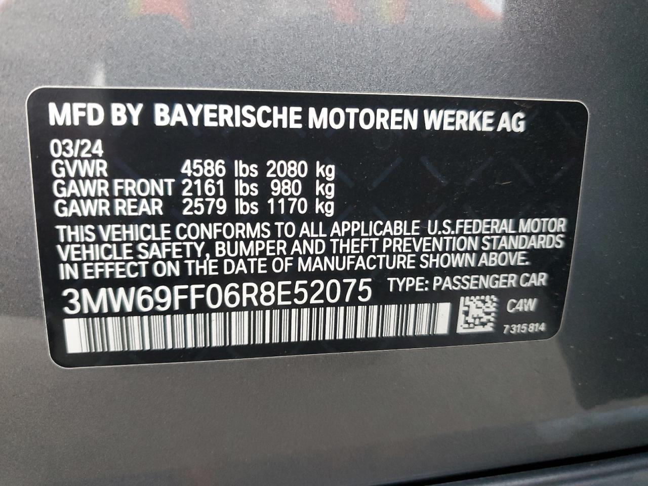 2024 BMW 330I  VIN:3MW69FF06R8E52075